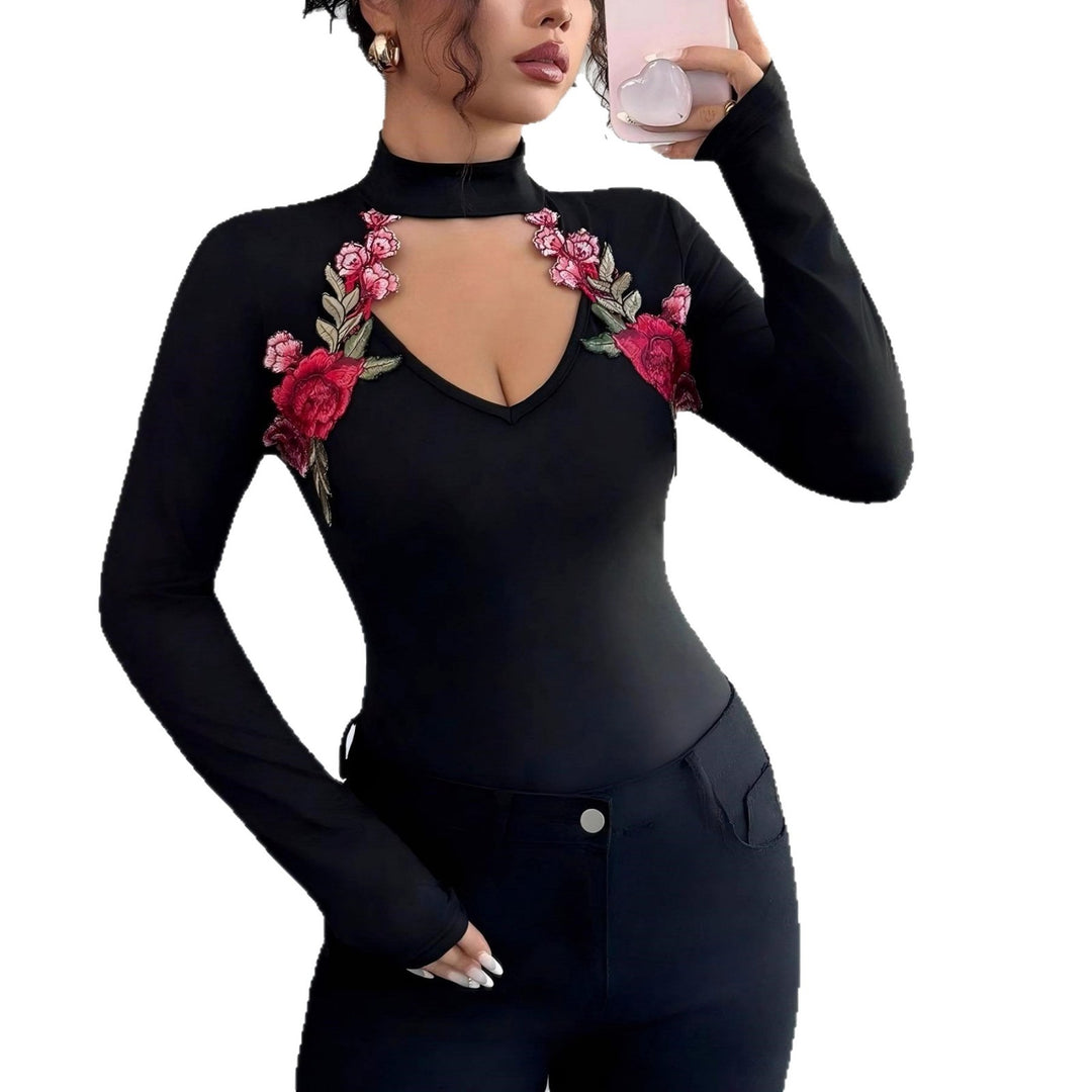 Women's tailored long-sleeve bodysuit with stand-up collar, V-neck, and floral embroidery applique Mune Fashion