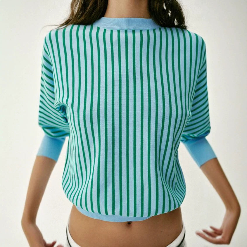 Women's Short-Cut Striped Fine Knit Sweater with Extended Ribbed Sleeves Mune Fashion