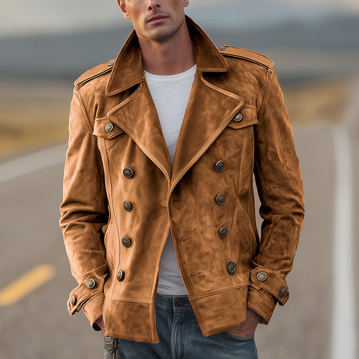 Men's double-breasted vintage leather jacket with lapel collar and shoulder patches Mune Fashion