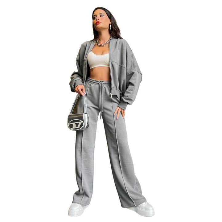 Women's Oversized Zip-Hoodie Set with Cropped Top and Wide Seam Sweatpants Mune Fashion