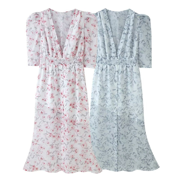 Women Chiffon Midi Dress with Floral Allover Look, V-Neck and Gathered Waist Mune Fashion