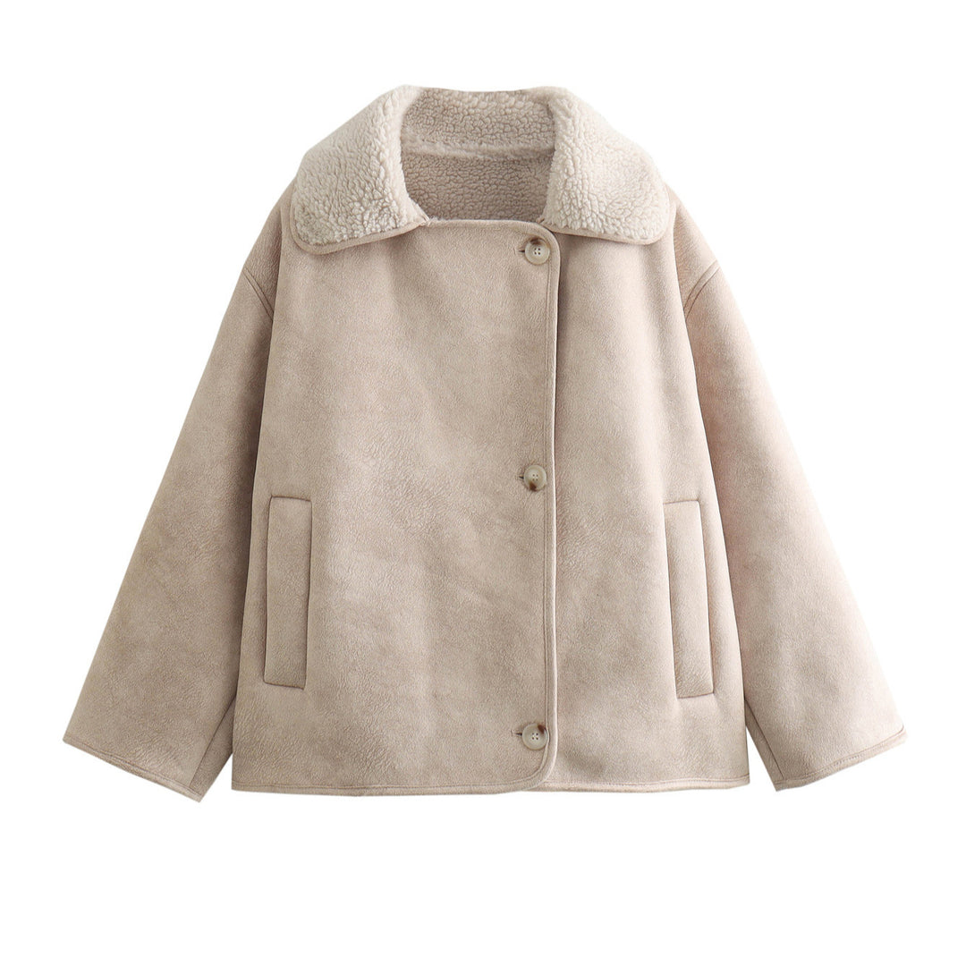 Ladies short jacket in lamb fur look with shawl collar and side patch pockets Mune Fashion