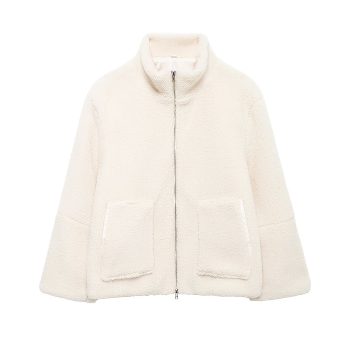 Women's Oversize Teddy Fleece Jacket with Stand-up Collar and Patch Pockets Mune Fashion