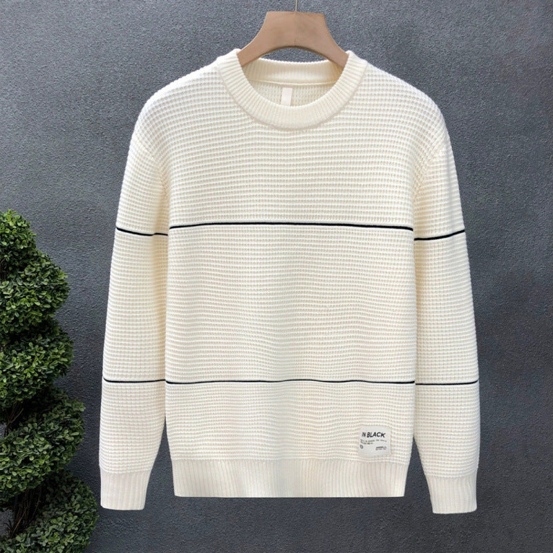 Unisex Structured Waffle Knit Sweater with Fine Contrast Stripes Mune Fashion