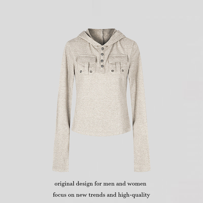Women's Lightweight Hoodie Long Sleeve Shirt with Henley Button Placket and Patch Chest Pockets Mune Fashion