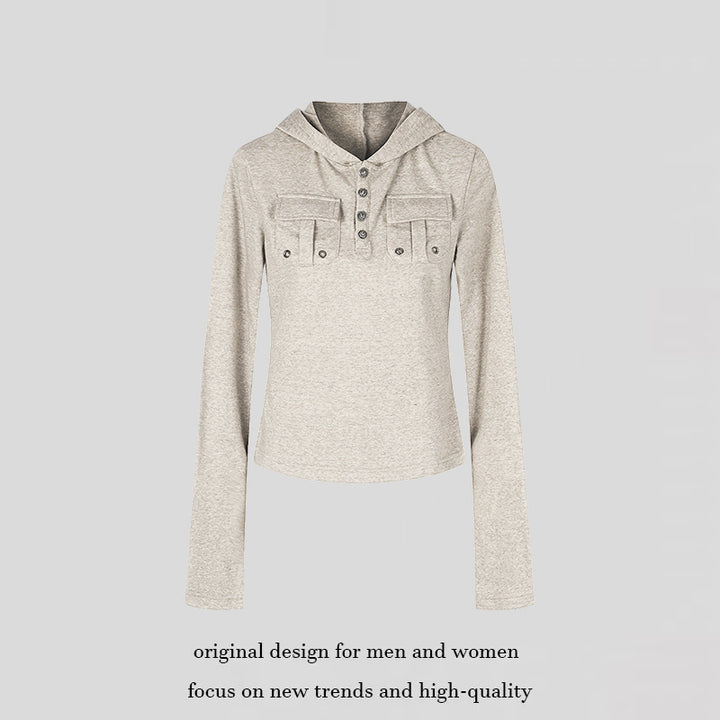 Women's Lightweight Hoodie Long Sleeve Shirt with Henley Button Placket and Patch Chest Pockets Mune Fashion