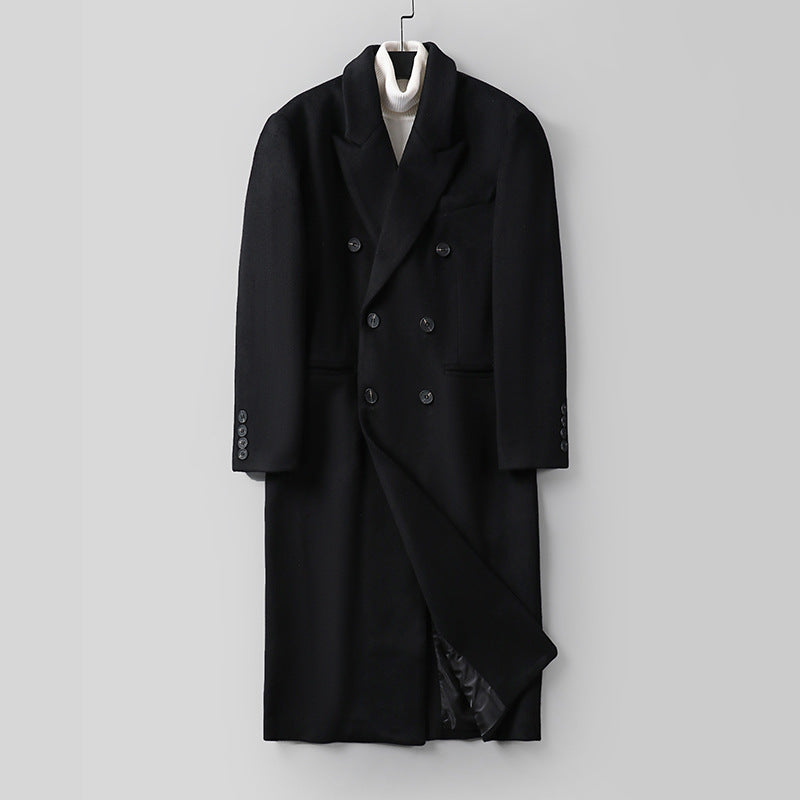 Men's Classic Double-Breasted Long Coat made of Wool Blend with Shawl Collar and Fine Lining Processing Mune Fashion