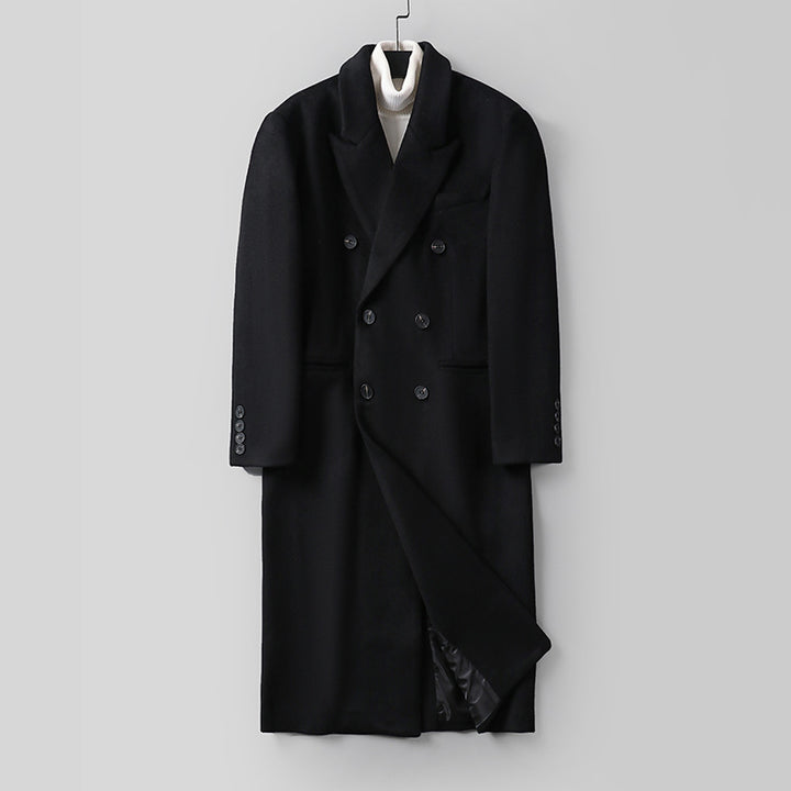 Men's Classic Double-Breasted Long Coat made of Wool Blend with Shawl Collar and Fine Lining Processing Mune Fashion