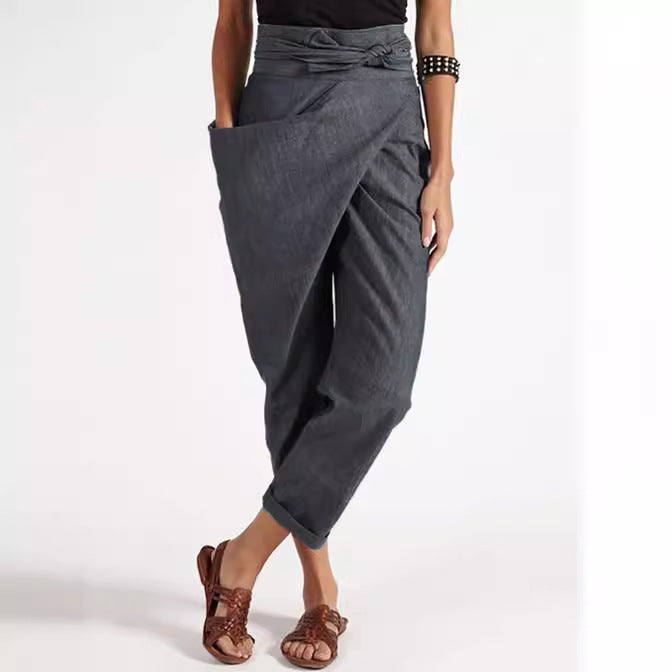 Women's wrap pants made of linen blend with high waistband, overlapping front and generous side pocket Mune Fashion