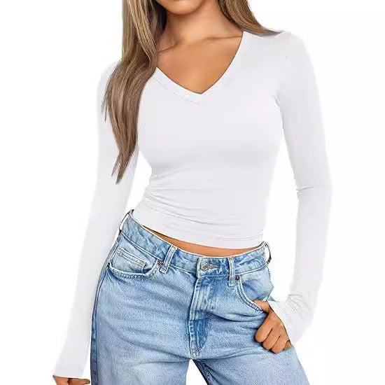 Women's Fitted Long Sleeve Cropped Shirt with V-Neck and Elastic Waistband Mune Fashion