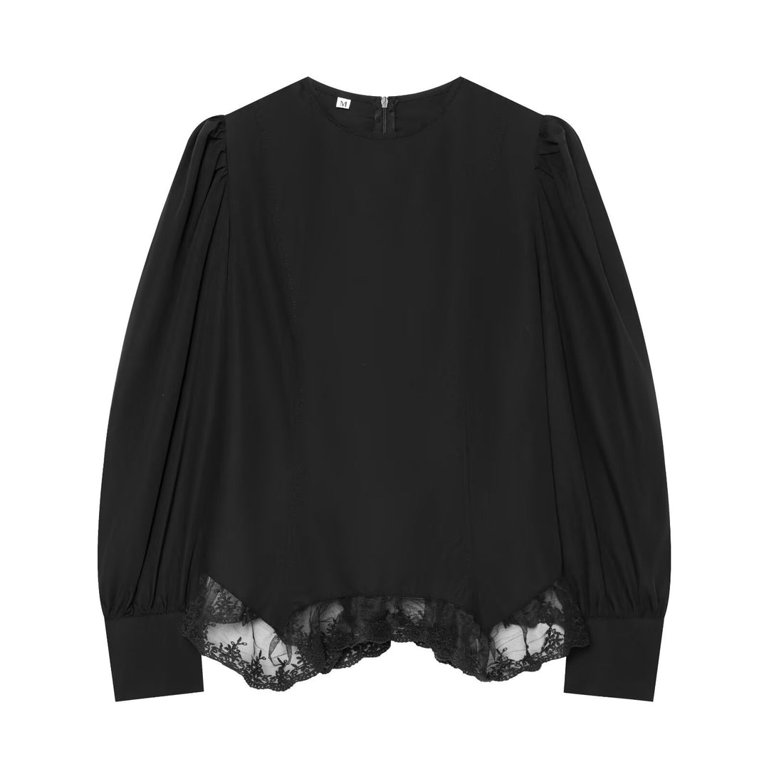 Ladies Romantic Blouse with Puff Sleeves and Lace Trim Drune