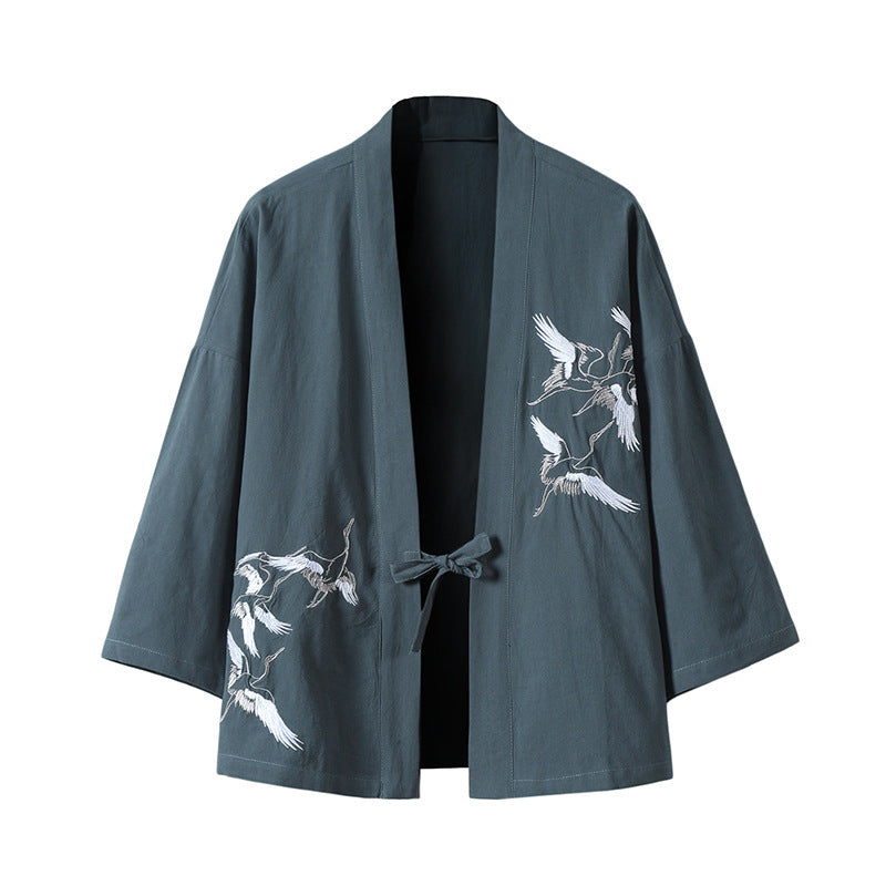 Unisex nan Japanese inspired kimono jacket with crane embroidery and tie closure Mune Fashion