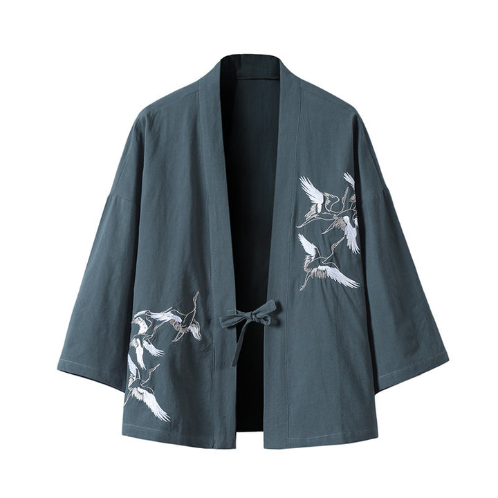 Unisex nan Japanese inspired kimono jacket with crane embroidery and tie closure Mune Fashion