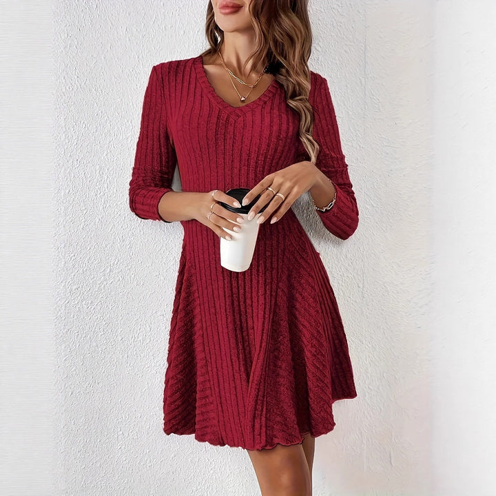 Women's Fitted Rib Knit Mini Dress with V-Neck and Flared Tiered Skirt Mune Fashion