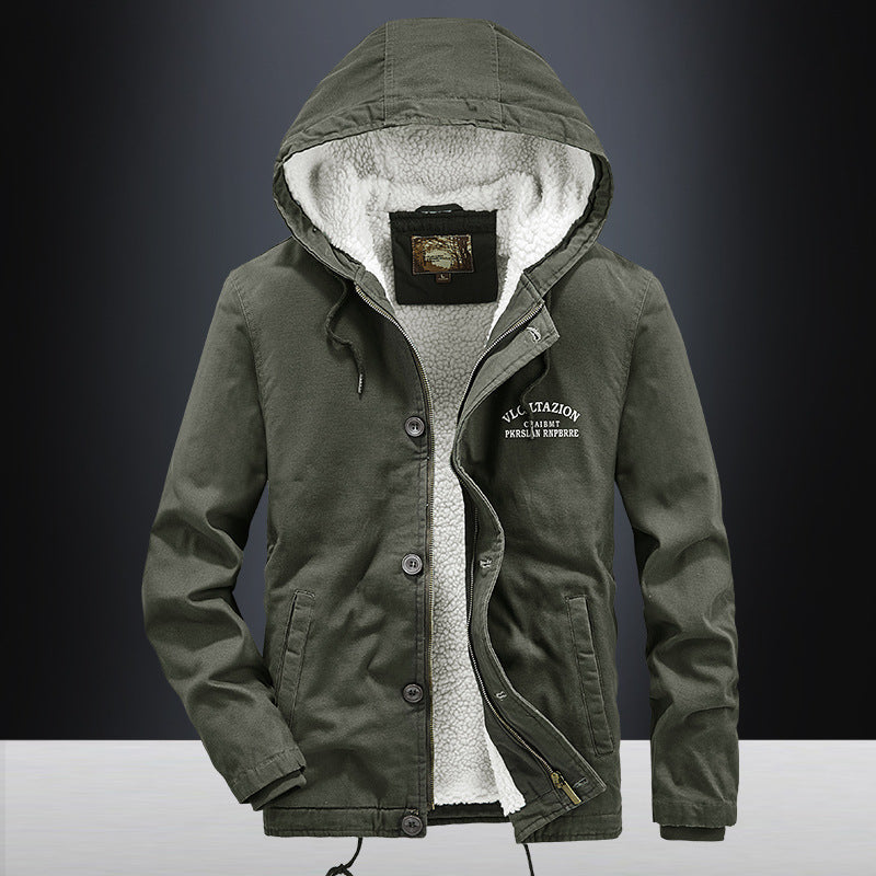 Men's canvas hooded jacket with full teddy lining, two-way zipper and drawstring hem Mune Fashion
