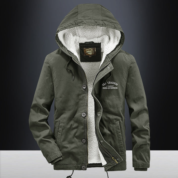 Men's canvas hooded jacket with full teddy lining, two-way zipper and drawstring hem Mune Fashion
