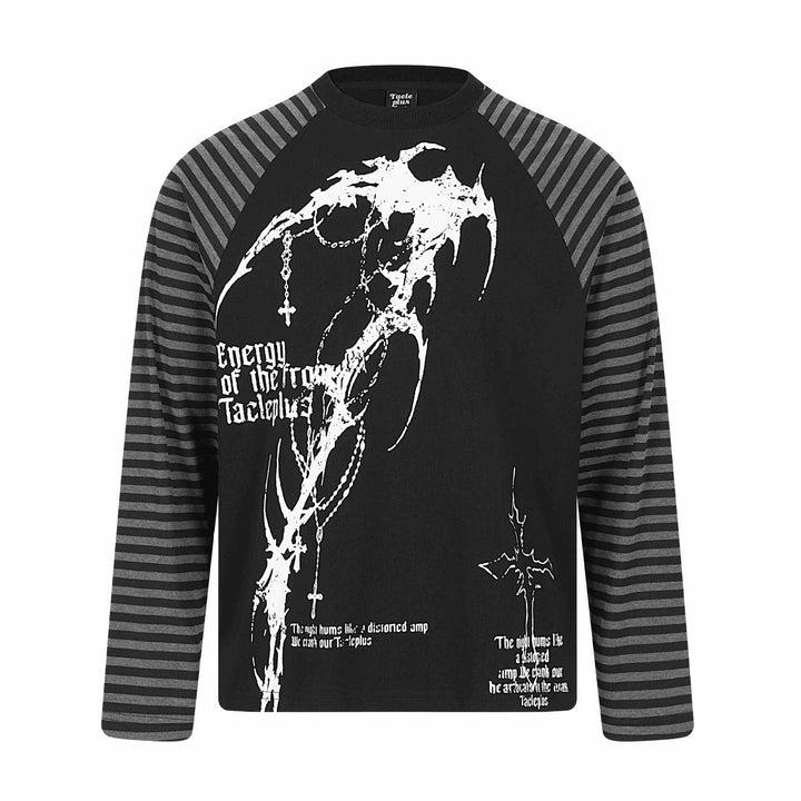 Unisex long sleeve shirt in raglan style with gothic print and striped sleeves Mune Fashion