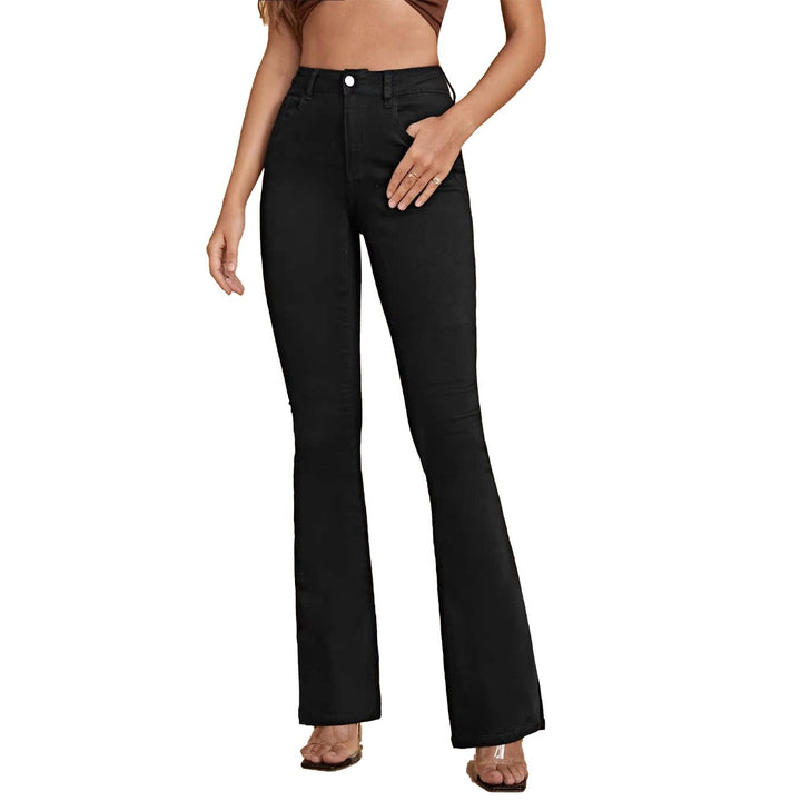 Women’s high-waisted flared trousers made of stretch denim with a center seam and figure-hugging cut Mune Fashion
