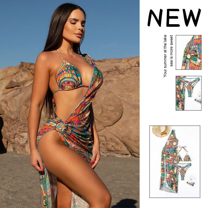 Women’s triangle bikini with asymmetrical wrap skirt and fashionable color design Mune Fashion