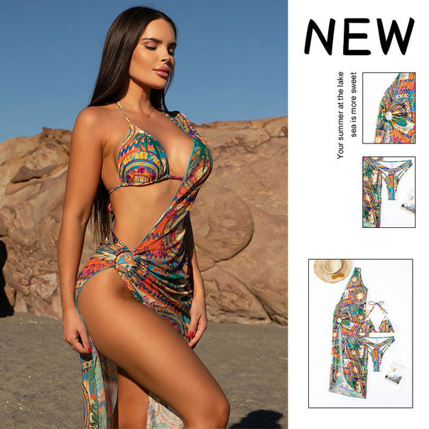 Women’s triangle bikini with asymmetrical wrap skirt and fashionable color design Mune Fashion