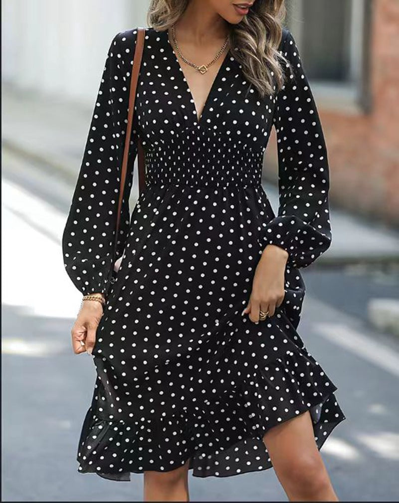 Ladies' dotted A-line midi dress with V-neck, smocked waist and two-tiered ruffle Mune Fashion