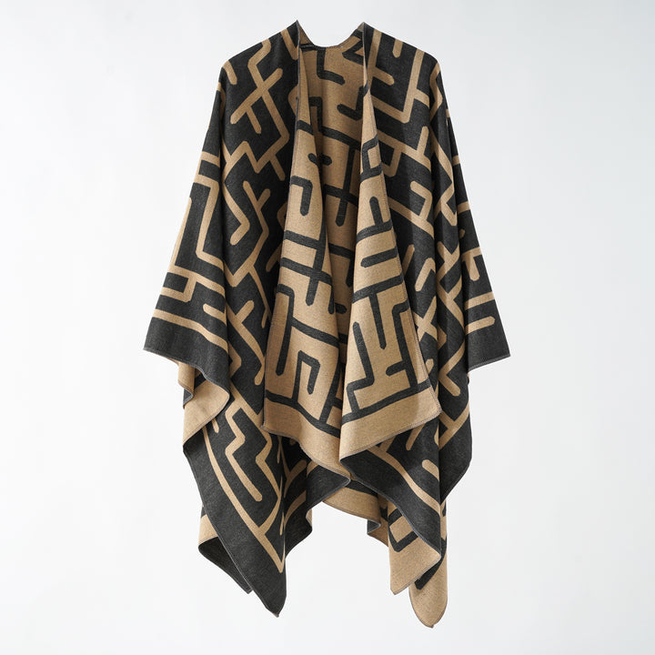 Women's Reversible Jacquard Ruana with Graphic Pattern and Asymmetrical Hem Mune Fashion