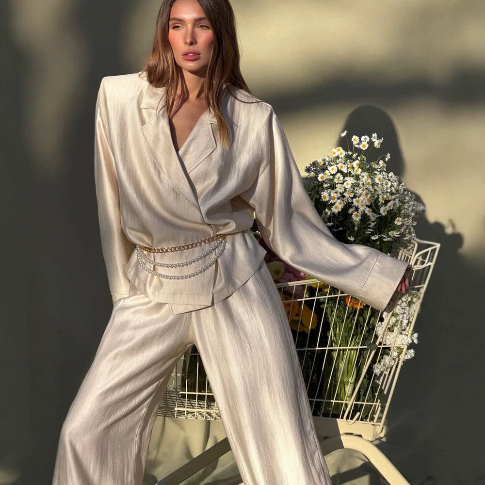Women's satin two-piece set with wrap blouse, wide pants and elastic waistband Mune Fashion