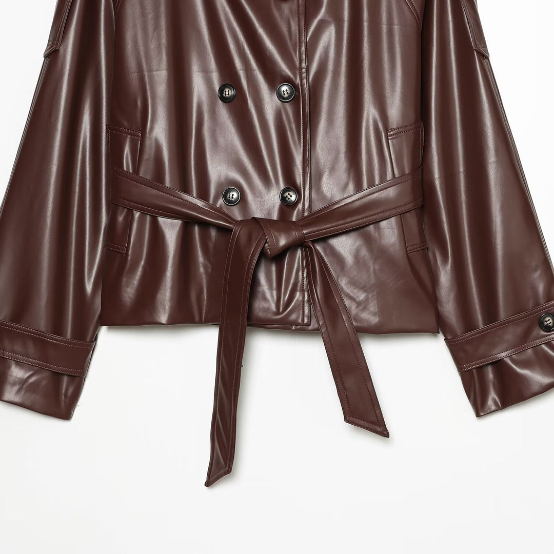 Women's Cropped Faux Leather Jacket with High Collar and Waistband Mune Fashion