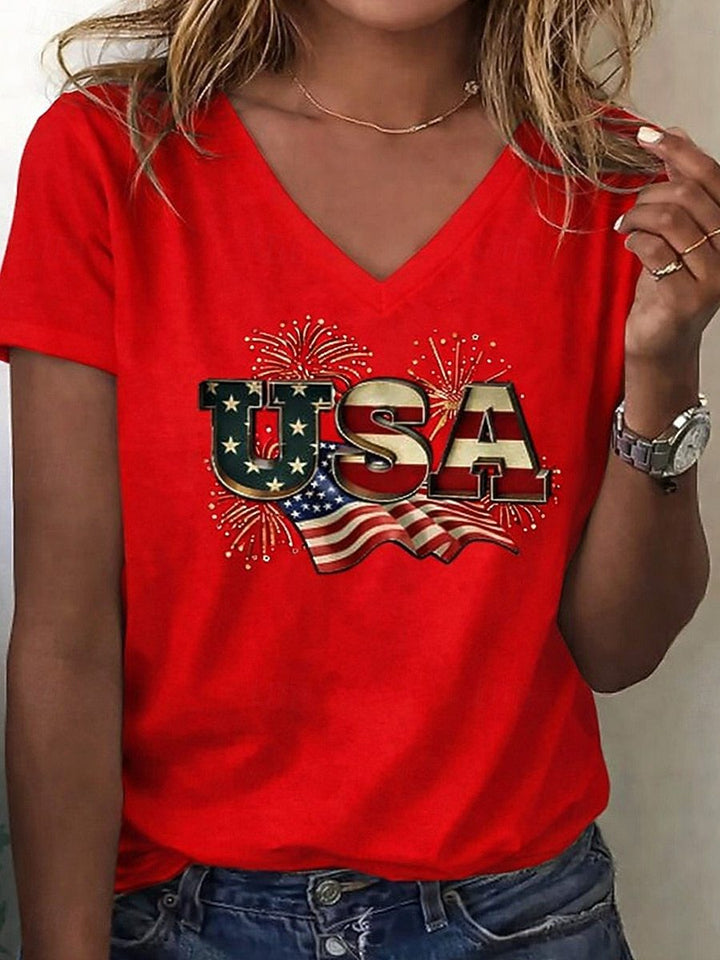 Women’s V-neck Retro Print T-shirt with Eagle Emblem and vintage-inspired Graphic Mune Fashion