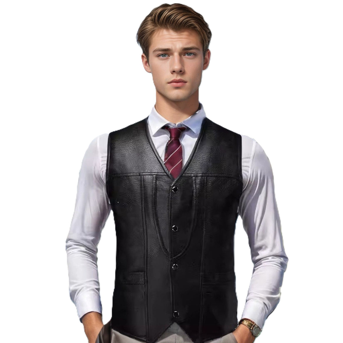 Men's Sleeveless Tailored Leather Vest with V-Neck, Decorative Seams and Button Placket Mune Fashion