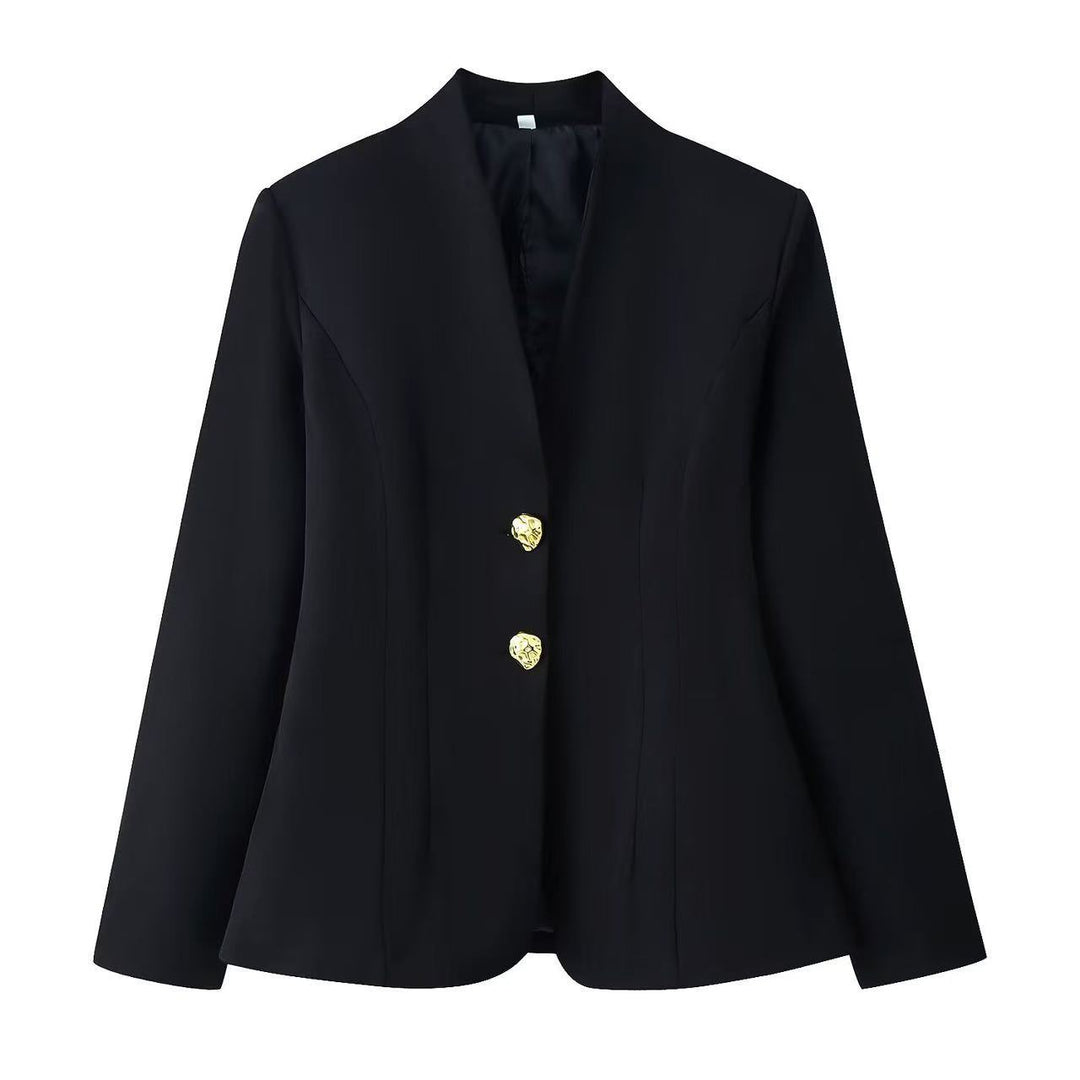 Women's fitted blazer jacket with stand-up collar, sculpting darts, and gold decorative buttons Mune Fashion