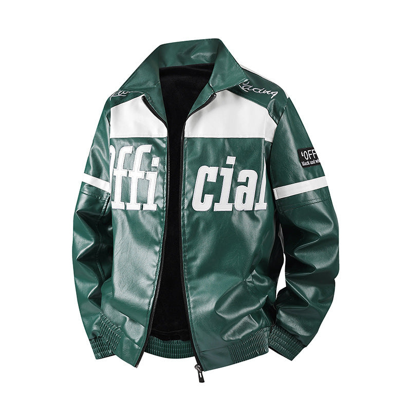 Men's Stylish Faux Leather Jacket with Symbol Design Mune Fashion