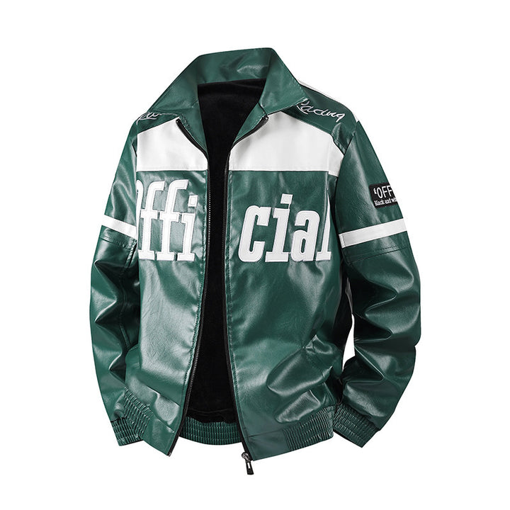 Men's Stylish Faux Leather Jacket with Symbol Design Mune Fashion