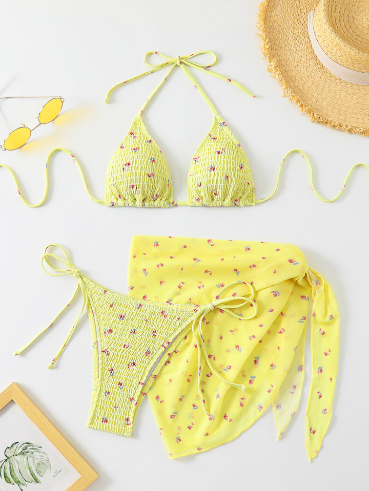 Women's Triangle Bikini Set with Floral Detail and Playful Wrap Skirt Mune Fashion