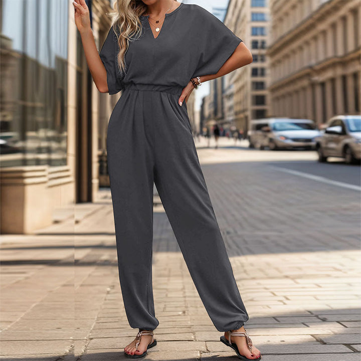 Women's Casual Jumpsuit with Waist Smocking, Short Batwing Sleeves and Elastic Ankle Cuffs Mune Fashion