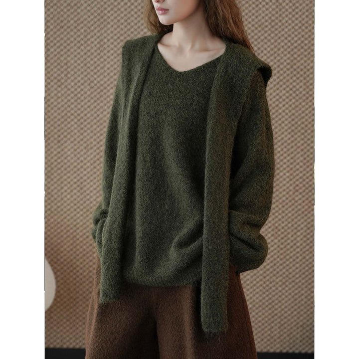 Women's Fluffy Mohair Mix Round Neck Sweater with Casual Long Vest Mune Fashion