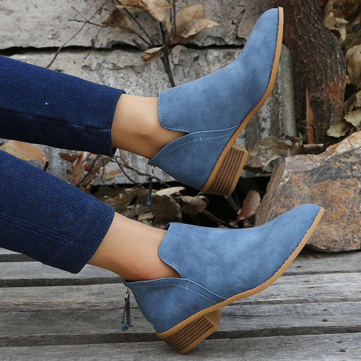 Women's V-Cut Ankle Boots made of soft micro suede with stacked block heel and ergonomic comfort footbed Mune Fashion