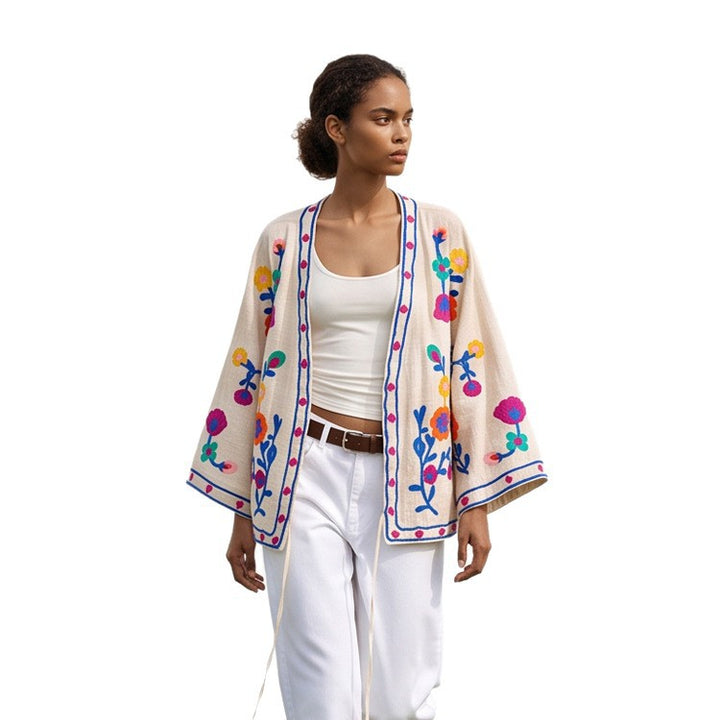 Women embroidered linen wrap jacket with folkloric flower appliqués Mune Fashion