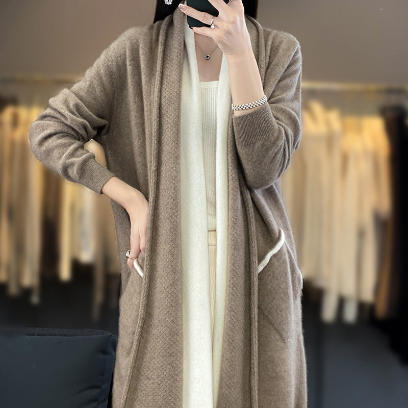 Women Long Open Cardigan in Cashmere-Look with Shawl Collar and Inset Pockets Mune Fashion
