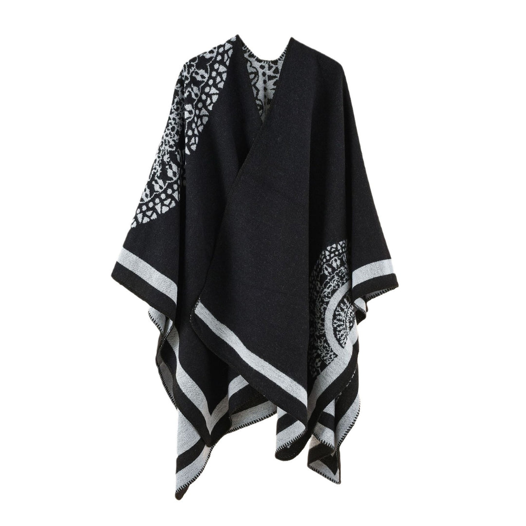 Women's Oversized Knit Poncho with Pattern Trim and Asymmetrical Hem Mune Fashion