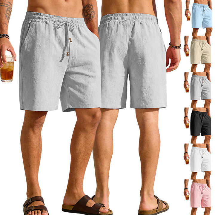 Men's lightweight beach Bermuda shorts made of linen blend with elastic waistband, drawstring and decorative button placket Mune Fashion