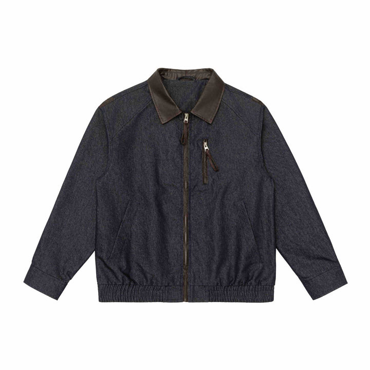 Men's short jacket in boxy cut made of wool-denim mix with leather-trimmed collar and vertical zippered chest pocket Mune Fashion
