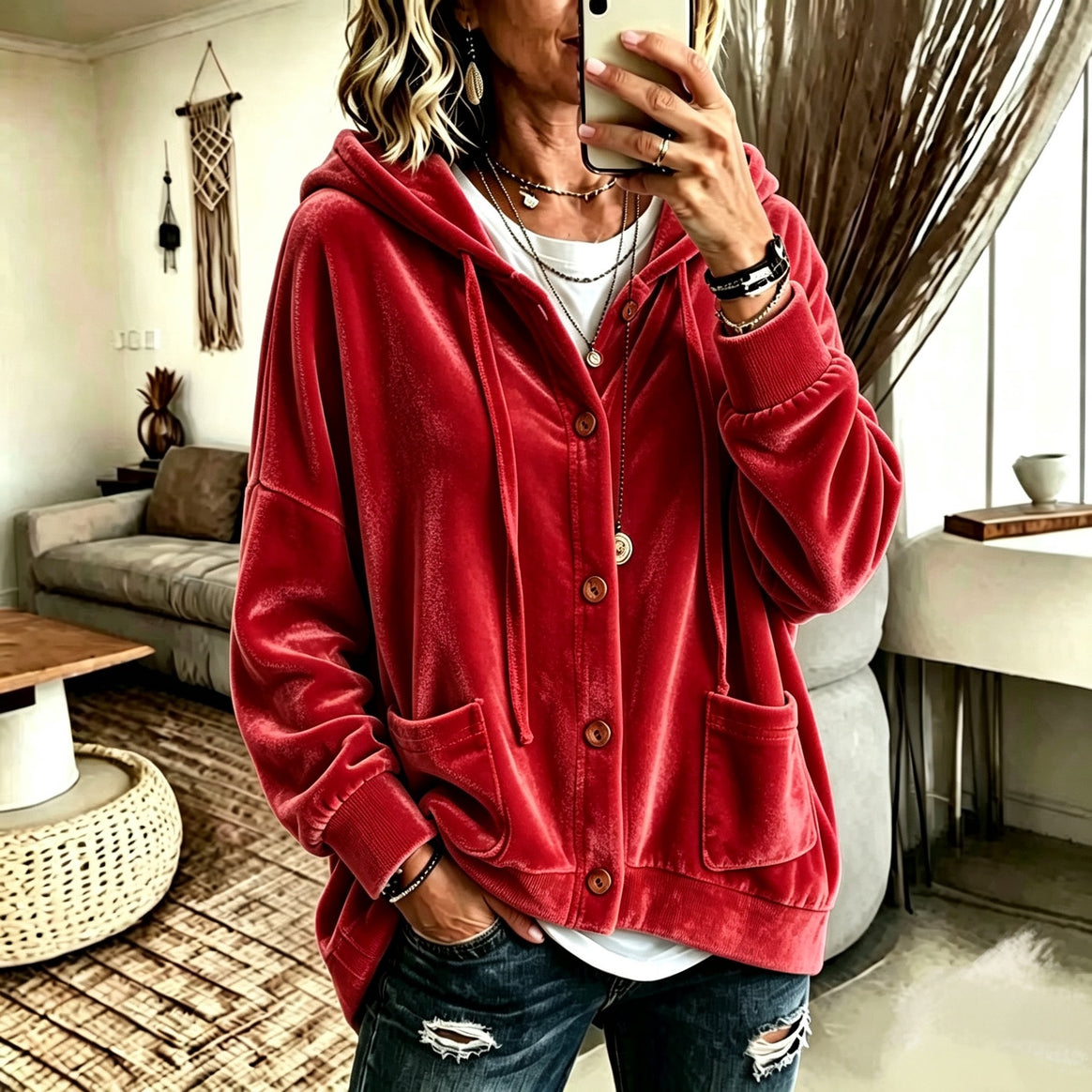 Women's Oversized Hooded Velvet Jacket with Button Placket and Patch Pockets Mune Fashion