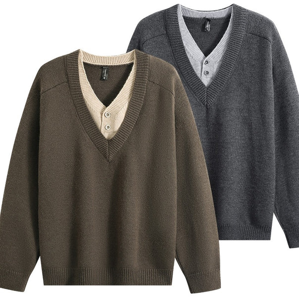 Unisex Oversize V-Neck Knit Sweater with Integrated Henley Look Mune Fashion