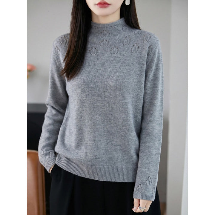 Women's Lightweight Stand Collar Sweater with Floral Lace Yoke and Fine Rib Edge Mune Fashion