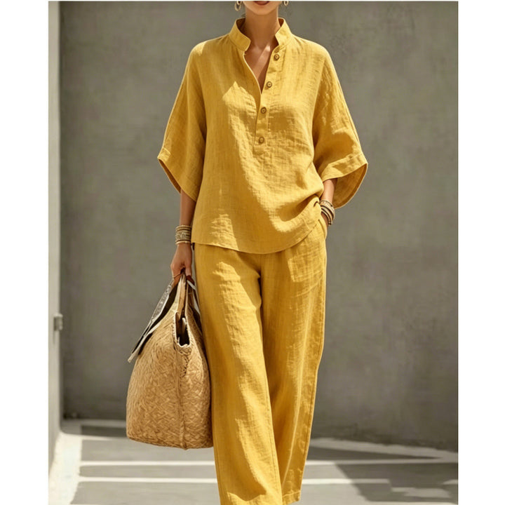 Women's loose linen two-piece with stand-up collar and wide leg Mune Fashion