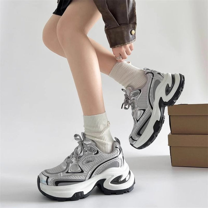Ladies Sculptural Platform Sneakers with Multi-Layer Mesh and PU Mix Mune Fashion