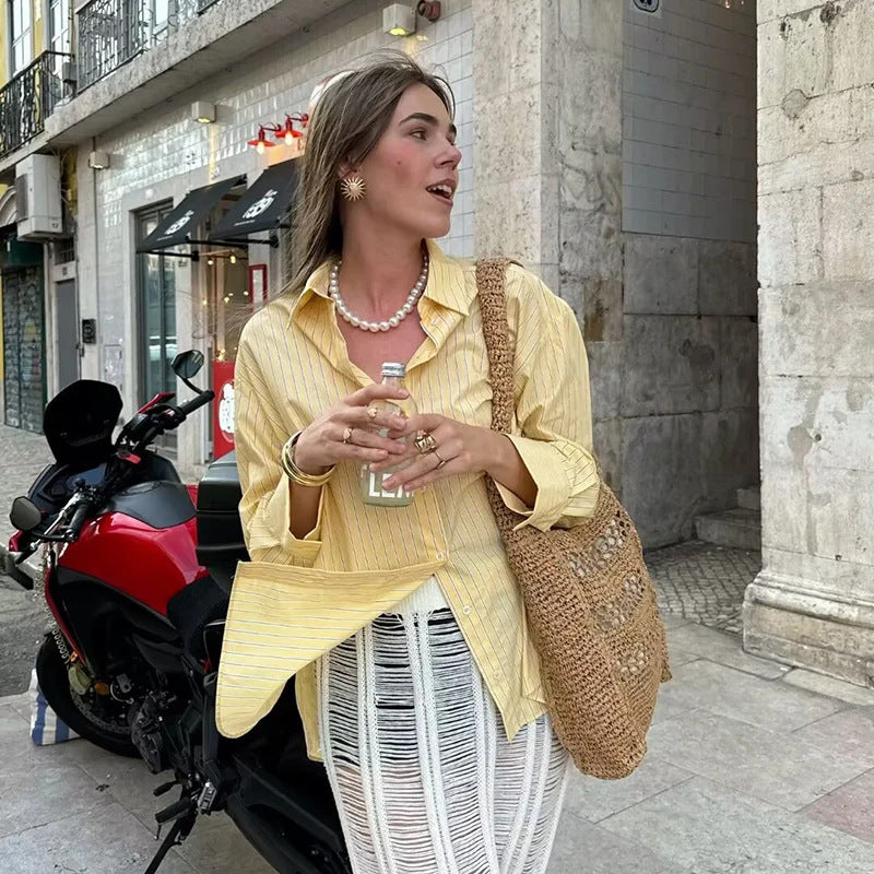 Women's loose oversized shirt blouse with classic collar, full button placket, and rounded hem Mune Fashion
