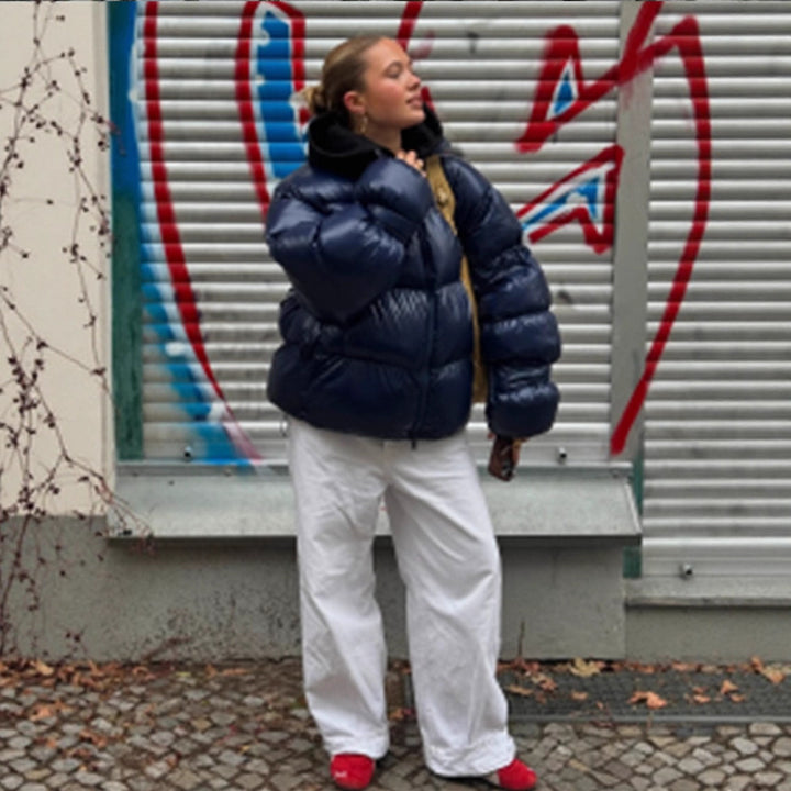 Women's Shiny Oversized Padded Jacket with Hood and High Stand-Up Collar Mune Fashion