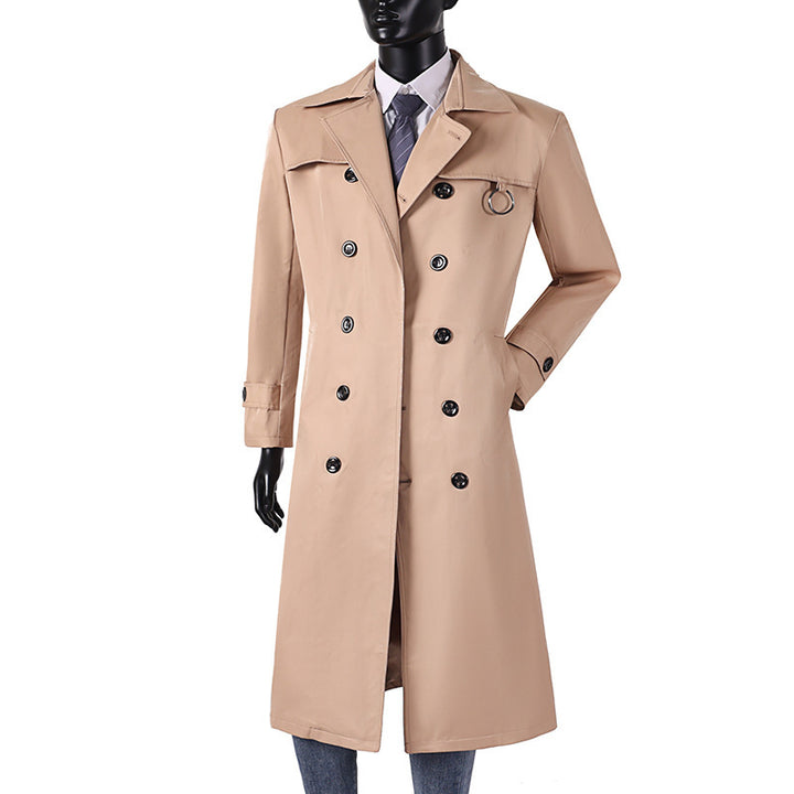 Men's double-breasted trench coat with waist tailoring, lapel collar, and decorative metal ring Mune Fashion